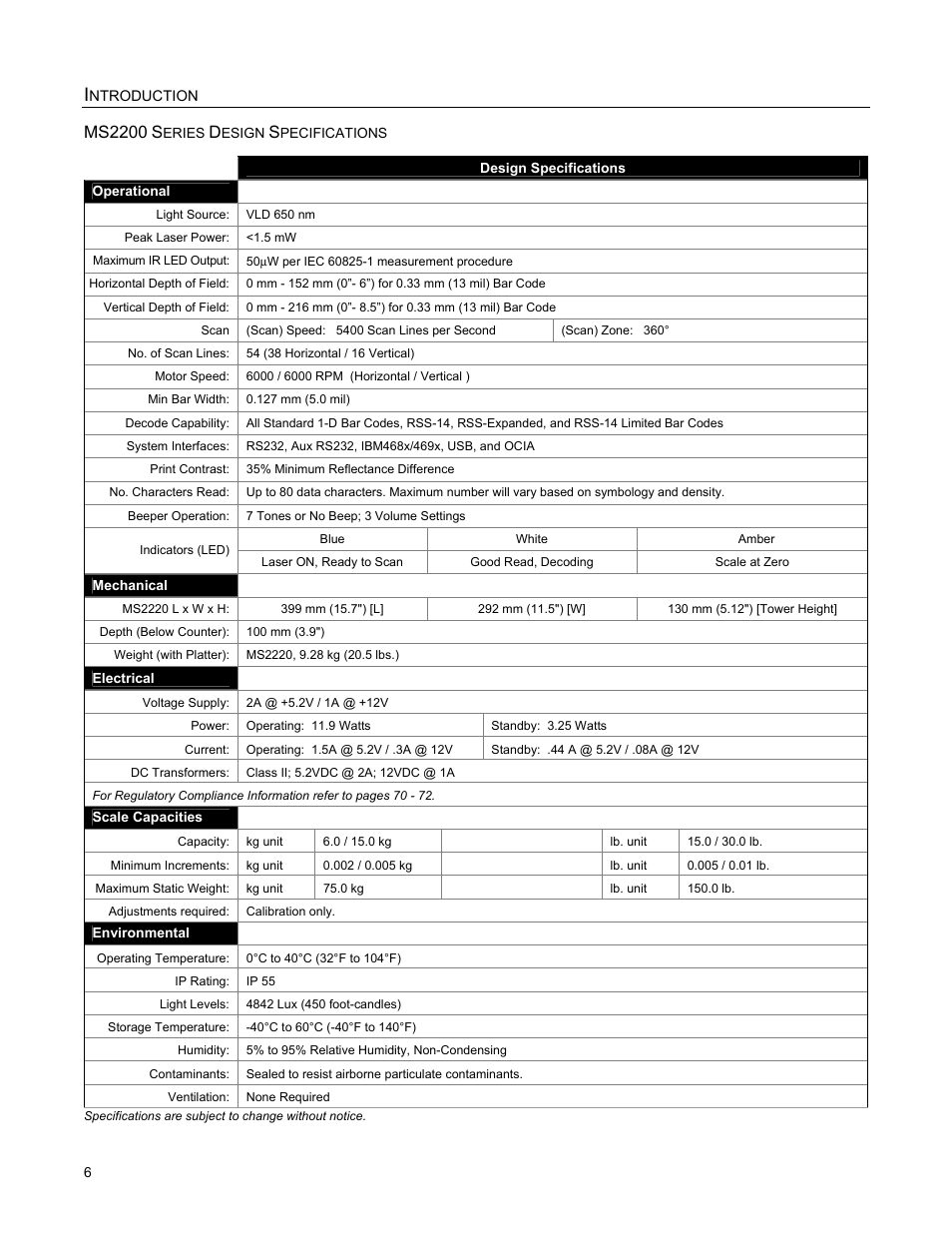 Ms2200 w/ diva scale series design specifications, Ms2200 series design specifications, Ms2200 | Metrologic Instruments StratosS MS2220 User Manual | Page 12 / 86