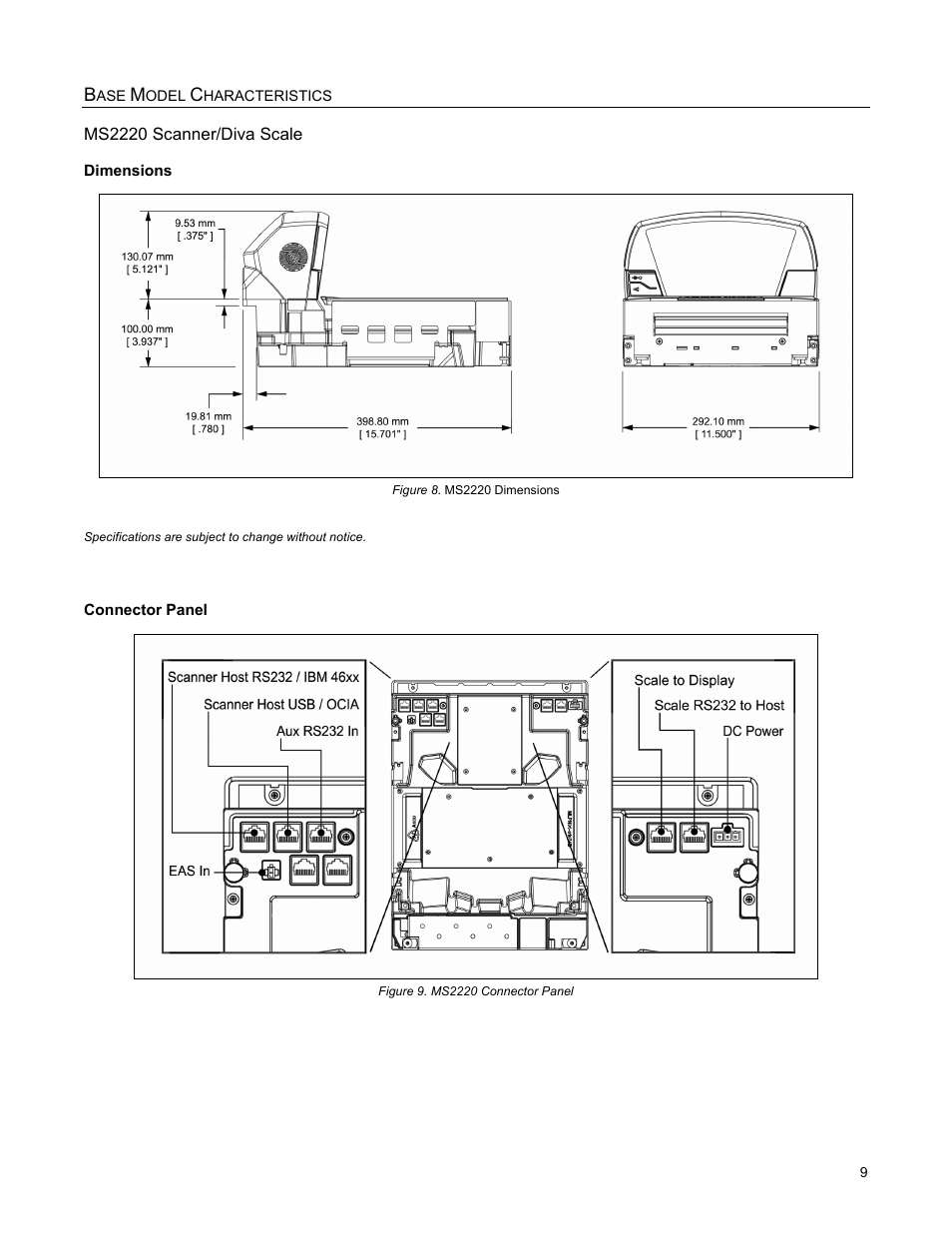 Dimensions, Connector panel | Metrologic Instruments StratosS MS2220 User Manual | Page 15 / 86