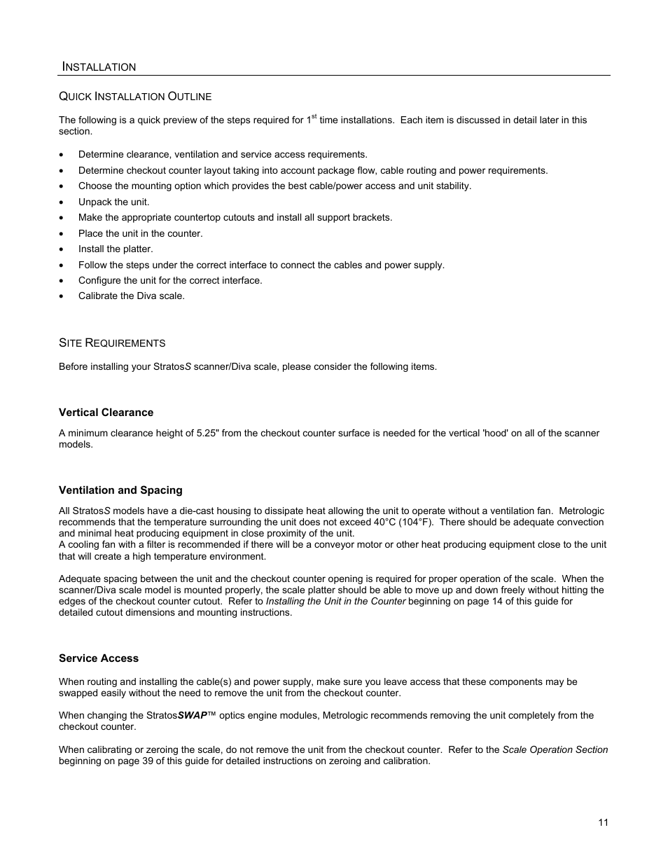 Installation, Quick installation outline, Site requirements | Vertical clearance, Ventilation and spacing, Service access, Nstallation | Metrologic Instruments StratosS MS2220 User Manual | Page 17 / 86