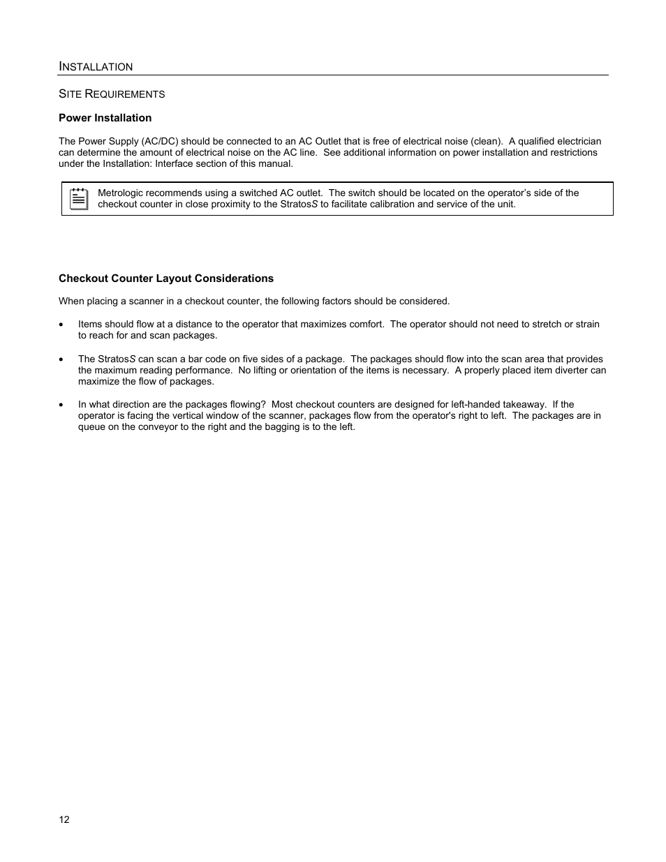 Power installation, Checkout counter layout considerations, Checkout counter layout consideration | Metrologic Instruments StratosS MS2220 User Manual | Page 18 / 86
