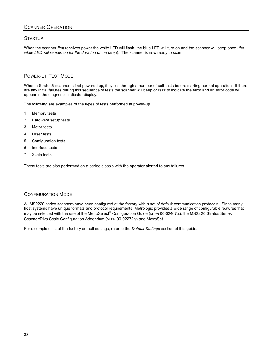 Startup, Power-up test mode, Configuration mode | Metrologic Instruments StratosS MS2220 User Manual | Page 44 / 86