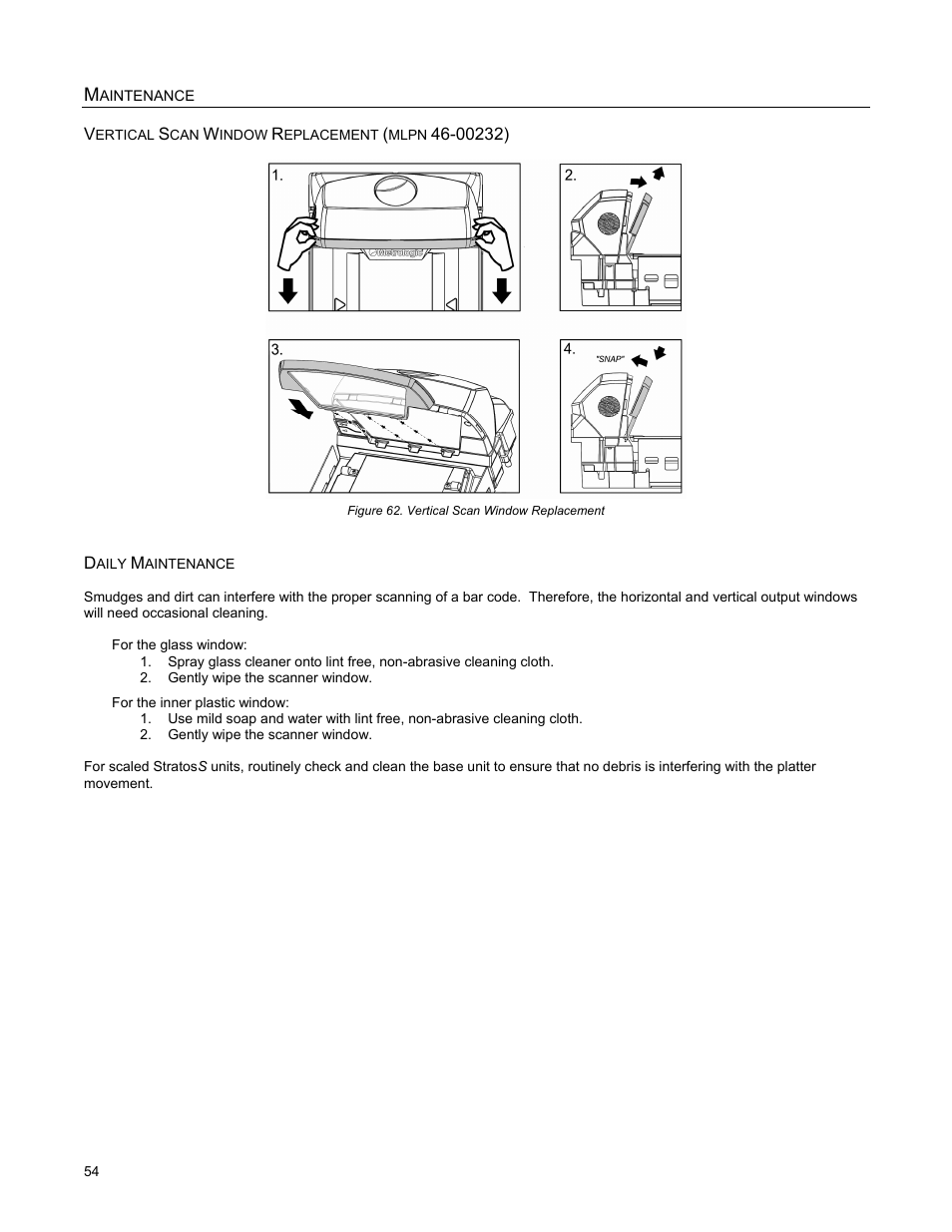 Vertical scan window replacement, Daily maintenance | Metrologic Instruments StratosS MS2220 User Manual | Page 60 / 86