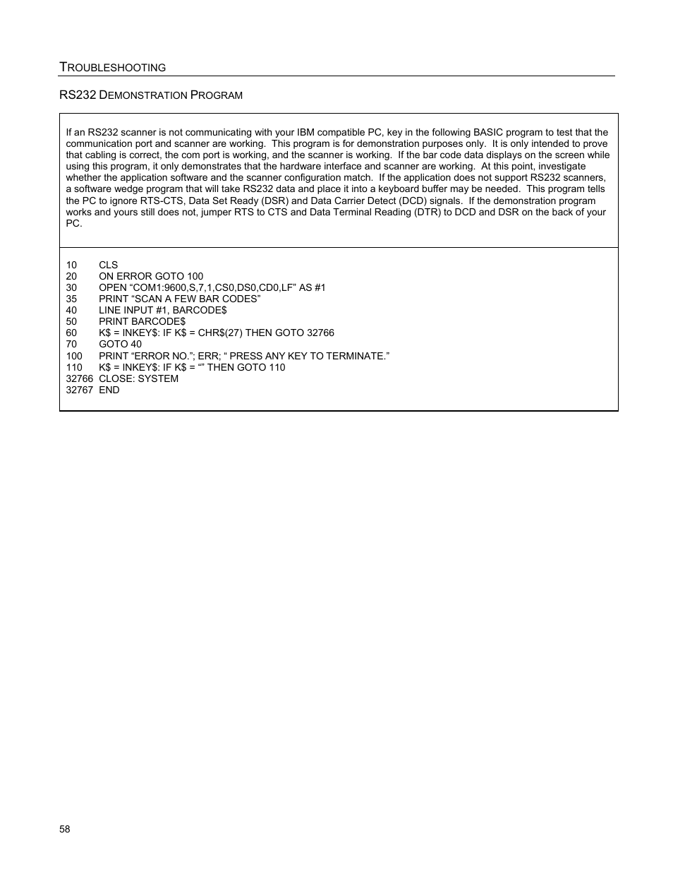 Rs232 demonstration program, Roubleshooting | Metrologic Instruments StratosS MS2220 User Manual | Page 64 / 86