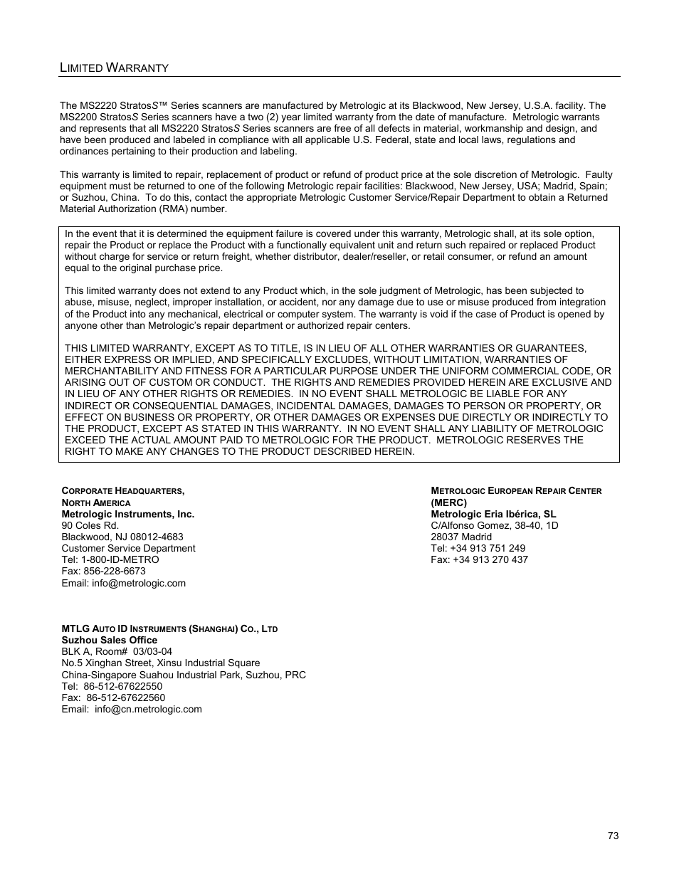 Limited warranty, Imited, Arranty | Metrologic Instruments StratosS MS2220 User Manual | Page 79 / 86