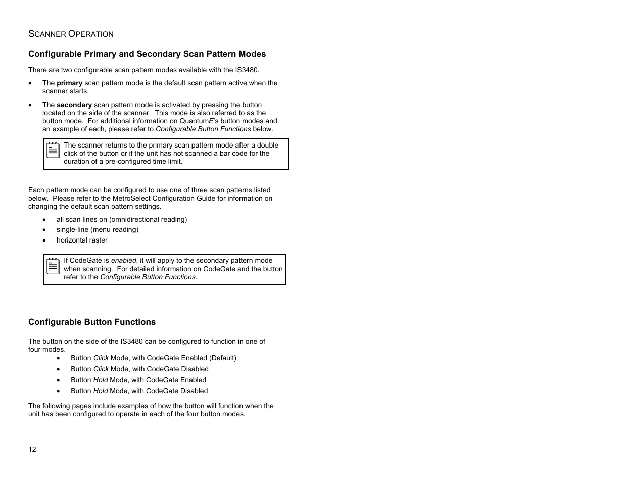 Scanner operation, Configurable button functions | Metrologic Instruments QUANTUME IS3480 User Manual | Page 16 / 56