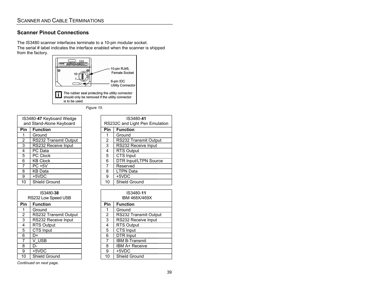 Scanner and cable terminations, Scanner pinout connections | Metrologic Instruments QUANTUME IS3480 User Manual | Page 43 / 56
