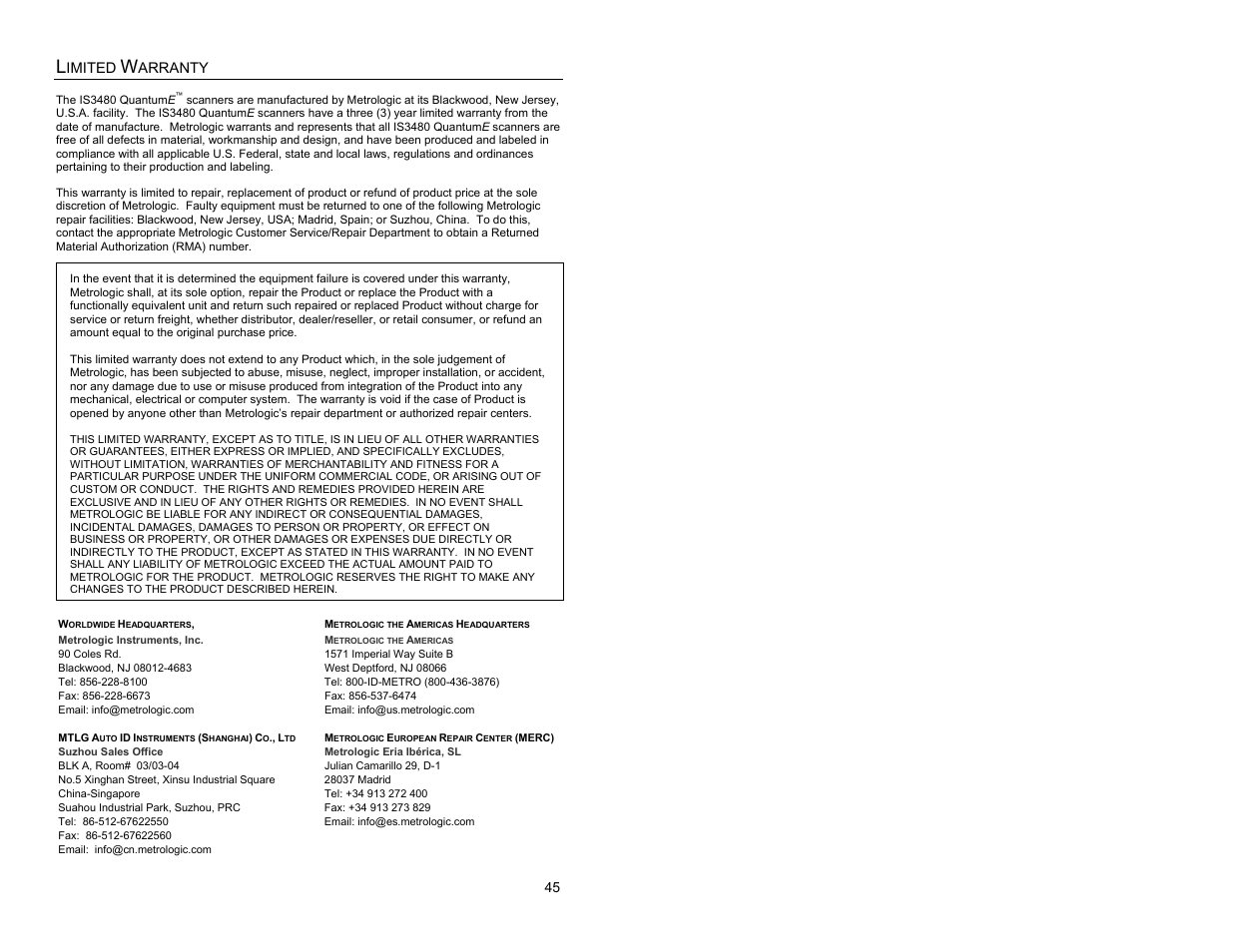 Limited warranty | Metrologic Instruments QUANTUME IS3480 User Manual | Page 49 / 56