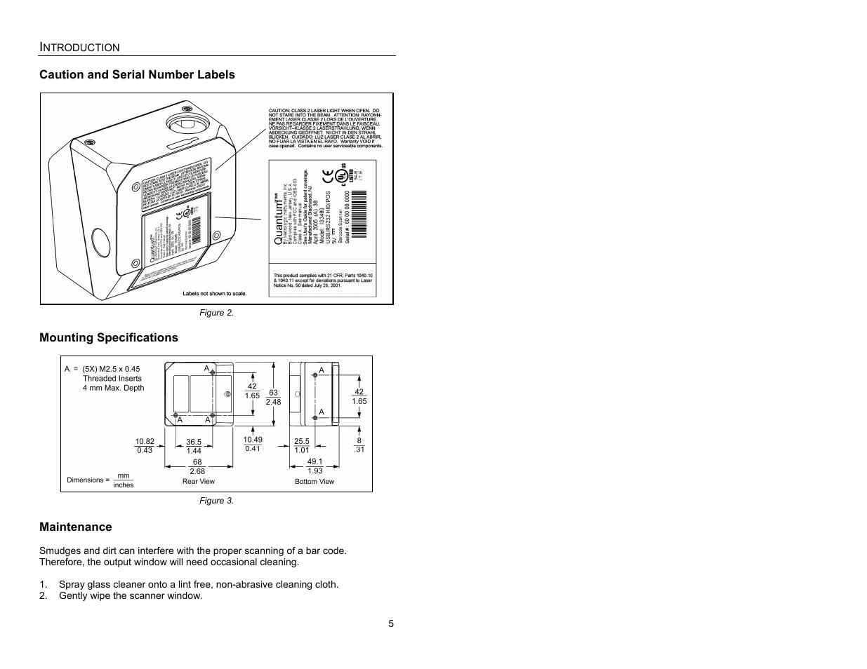 Caution and serial number labels, Mounting specifications, Maintenance | Metrologic Instruments QUANTUME IS3480 User Manual | Page 9 / 56