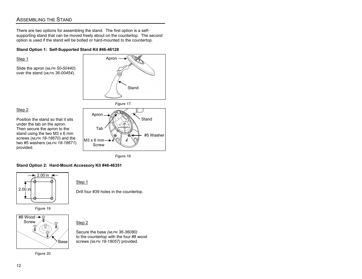 Assembling the stand, Self-supported stand kit #46-46128, Hard-mount accessory kit #46-46351 | Assembly | Metrologic Instruments MS9500 Voyager User Manual | Page 18 / 56