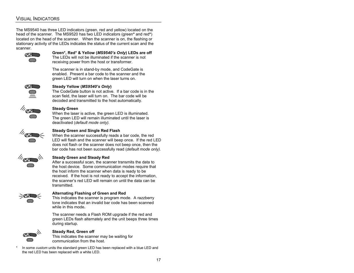 Visual, Visual indicators | Metrologic Instruments MS9500 Voyager User Manual | Page 23 / 56