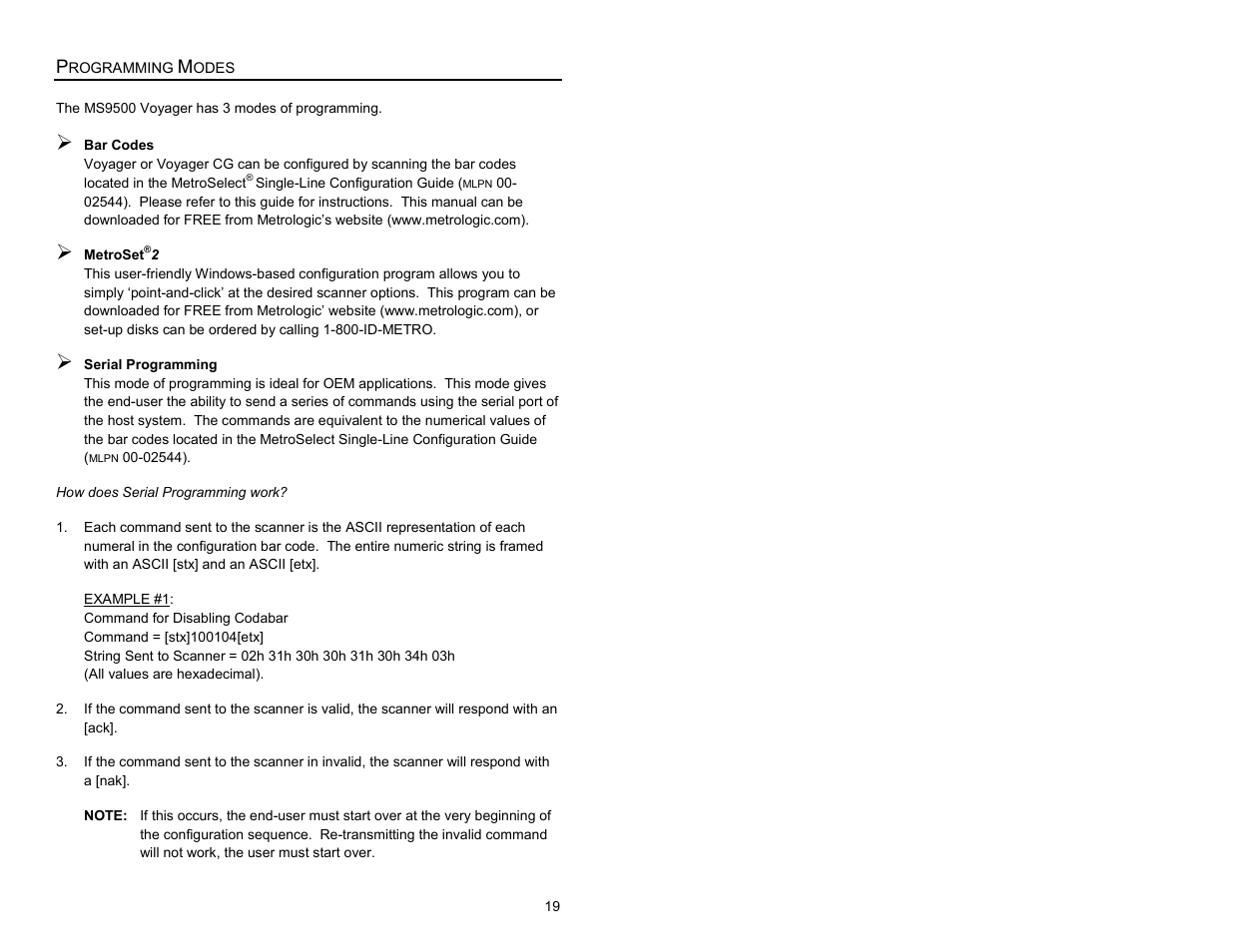 Programming modes | Metrologic Instruments MS9500 Voyager User Manual | Page 25 / 56