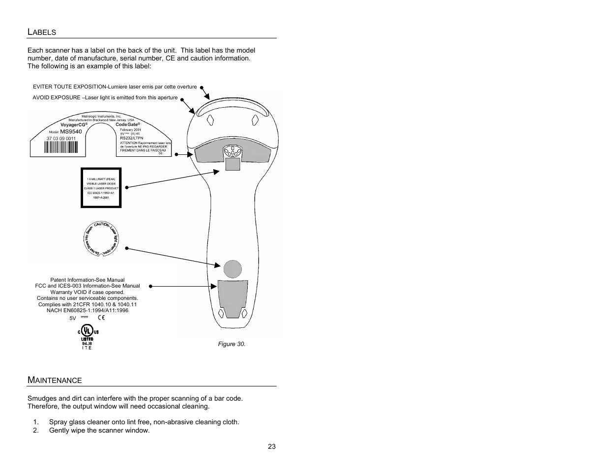 Labels, Maintenance | Metrologic Instruments MS9500 Voyager User Manual | Page 29 / 56