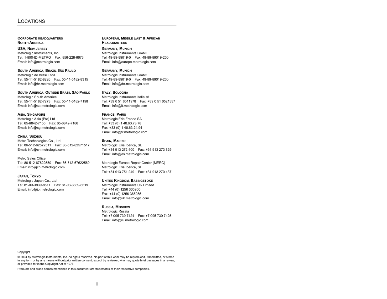 Locations | Metrologic Instruments MS9500 Voyager User Manual | Page 3 / 56