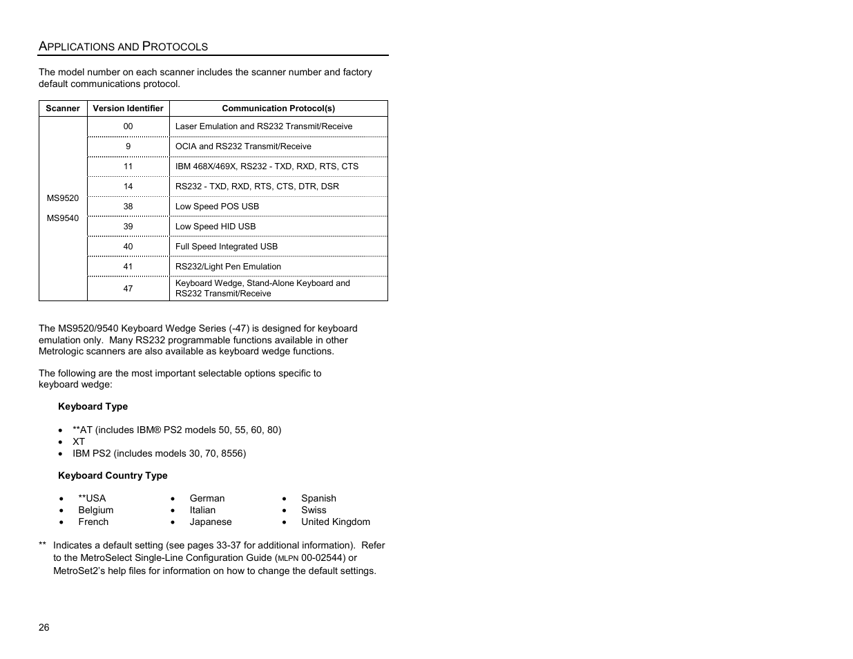 Applications and protocols | Metrologic Instruments MS9500 Voyager User Manual | Page 32 / 56