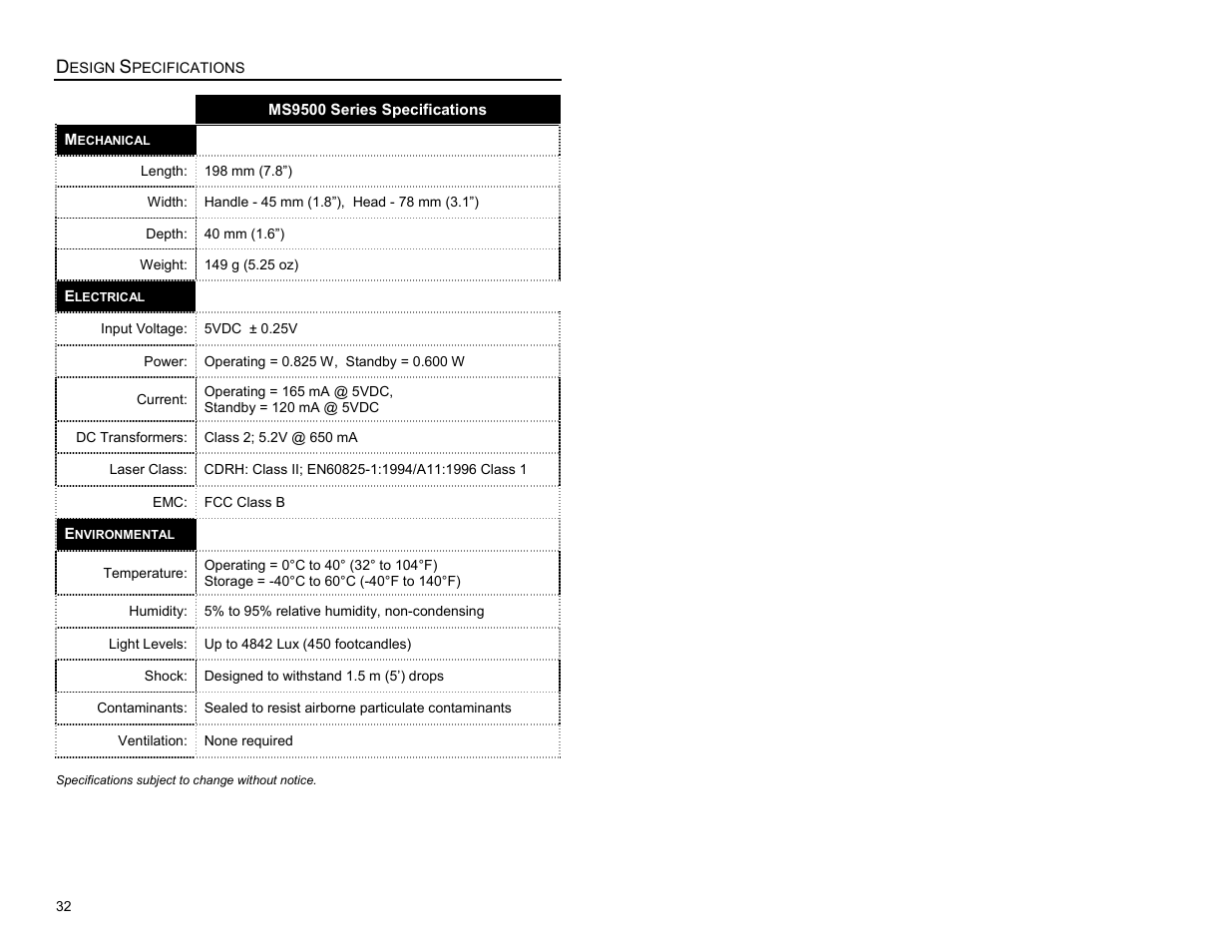 Mechanical, Electrical, Environmental | Metrologic Instruments MS9500 Voyager User Manual | Page 38 / 56