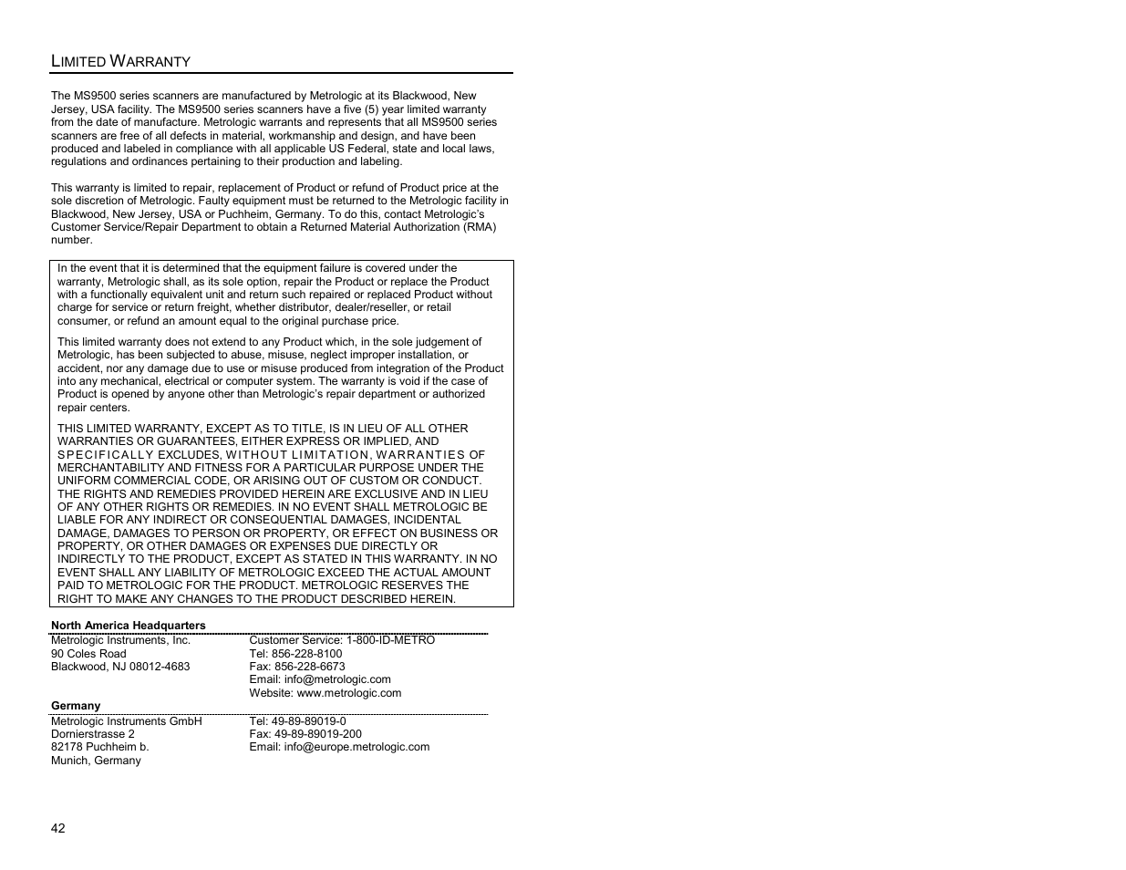 Limited warranty | Metrologic Instruments MS9500 Voyager User Manual | Page 48 / 56