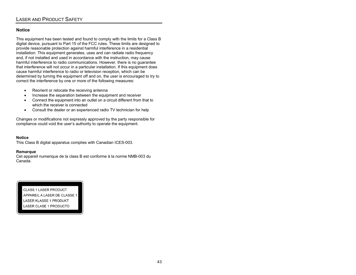 Laser and product safety, Notice | Metrologic Instruments MS9500 Voyager User Manual | Page 49 / 56