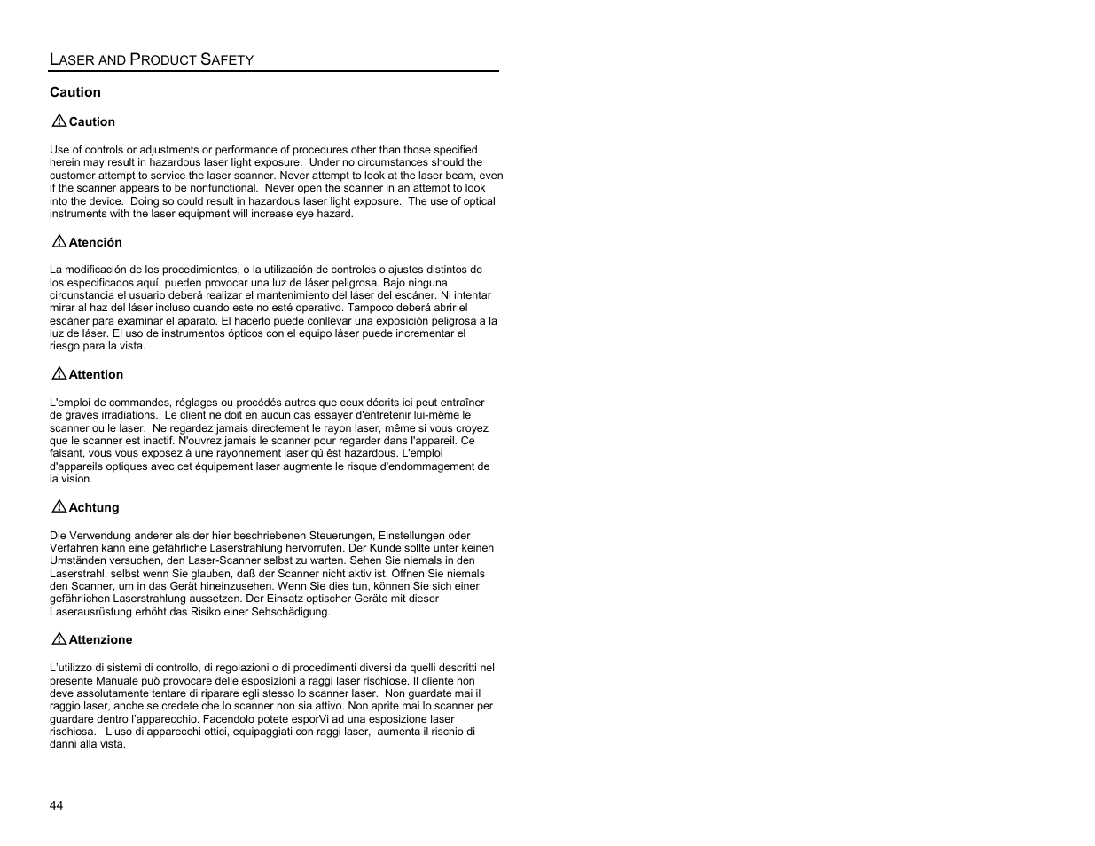 Caution | Metrologic Instruments MS9500 Voyager User Manual | Page 50 / 56