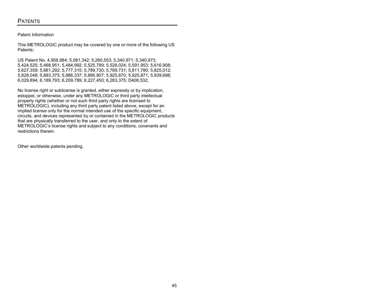 Patents | Metrologic Instruments MS9500 Voyager User Manual | Page 51 / 56
