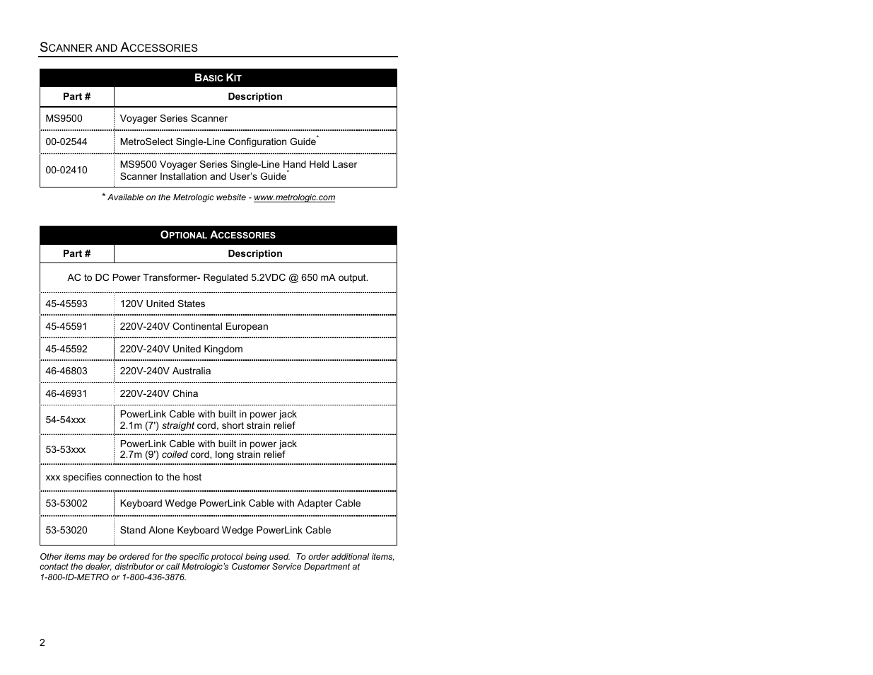 Scanner and accessories | Metrologic Instruments MS9500 Voyager User Manual | Page 8 / 56