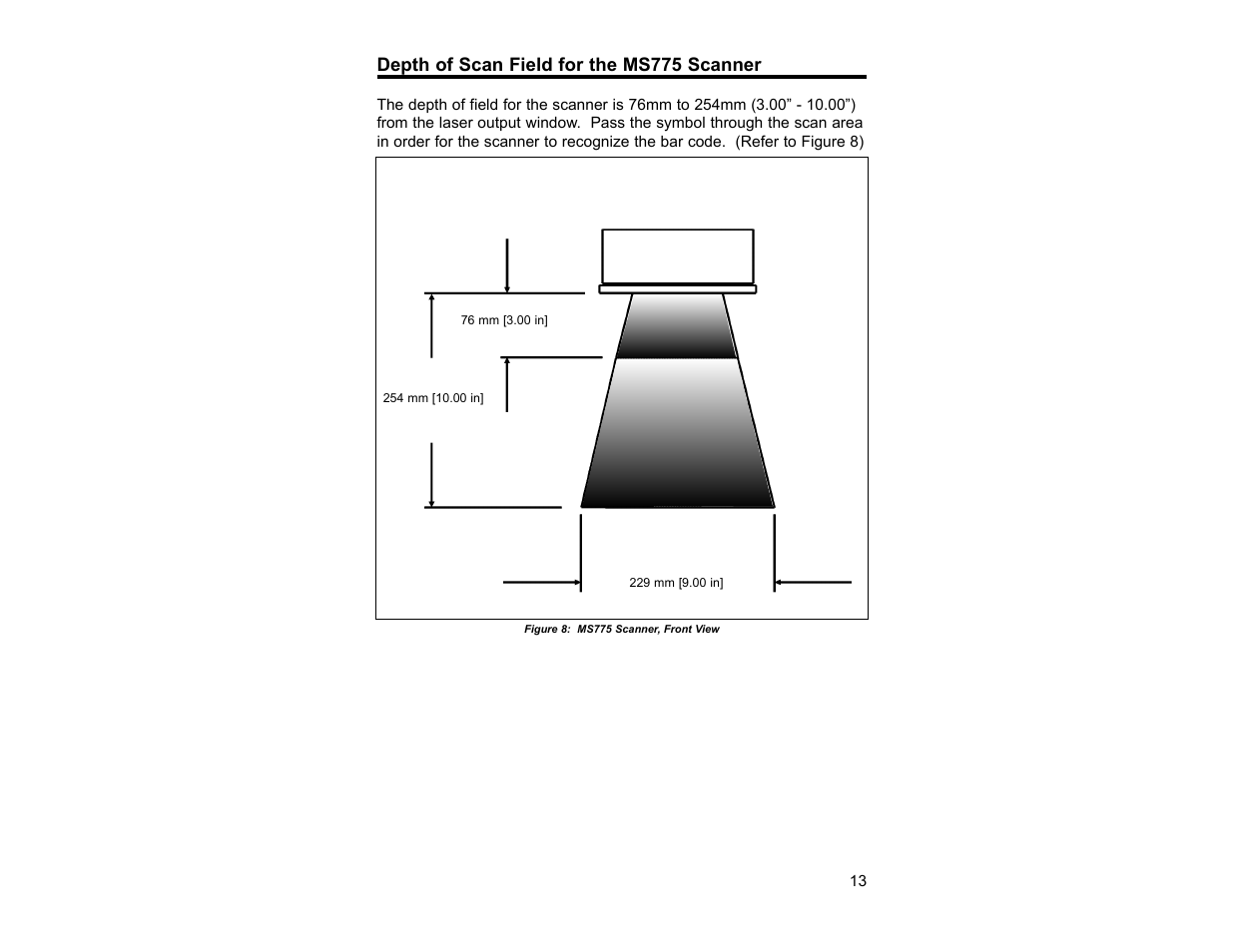 Depth of scan field for the ms775 scanner, Depth of field for the ms775 scanner | Metrologic Instruments TECH 7 User Manual | Page 17 / 32