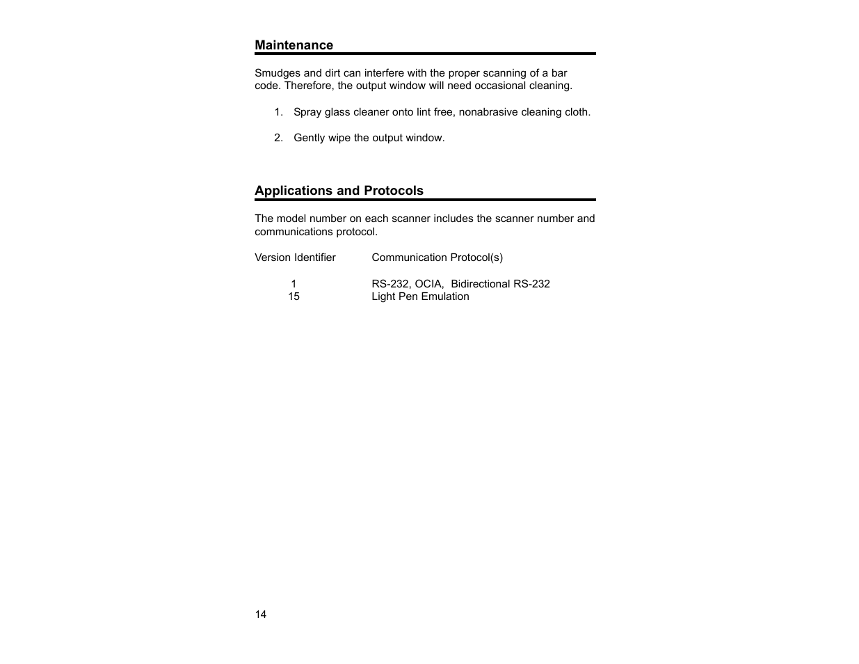 Maintenance, Applications and protocols | Metrologic Instruments TECH 7 User Manual | Page 18 / 32