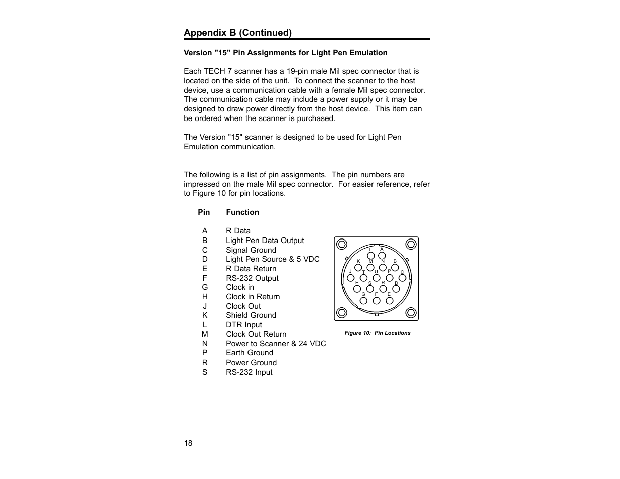 Version 15-pin assignments for light pen emulation, Appendix b (continued) | Metrologic Instruments TECH 7 User Manual | Page 22 / 32