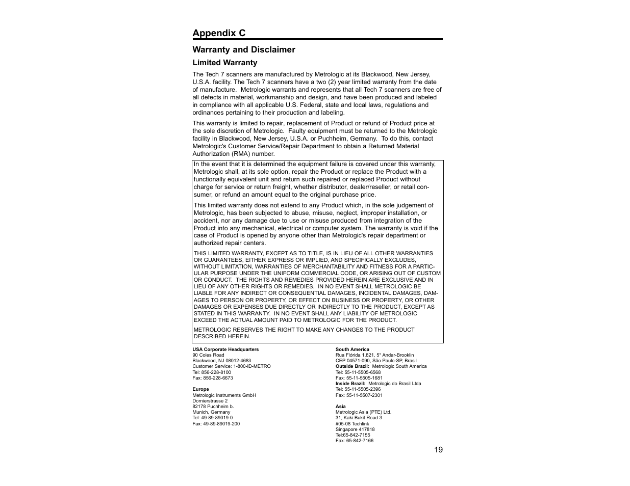 Appendix c, Warranty and disclaimer, Limited warranty | Metrologic Instruments TECH 7 User Manual | Page 23 / 32