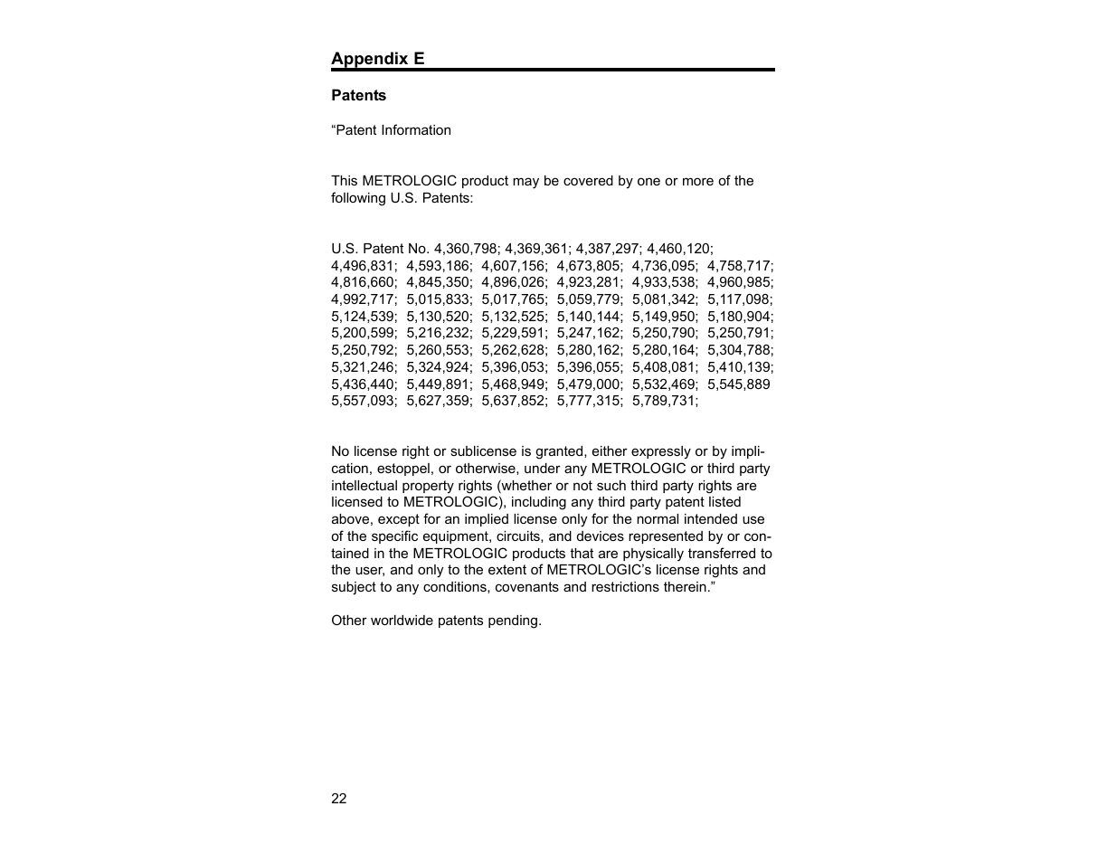 Appendix e, Patents | Metrologic Instruments TECH 7 User Manual | Page 26 / 32