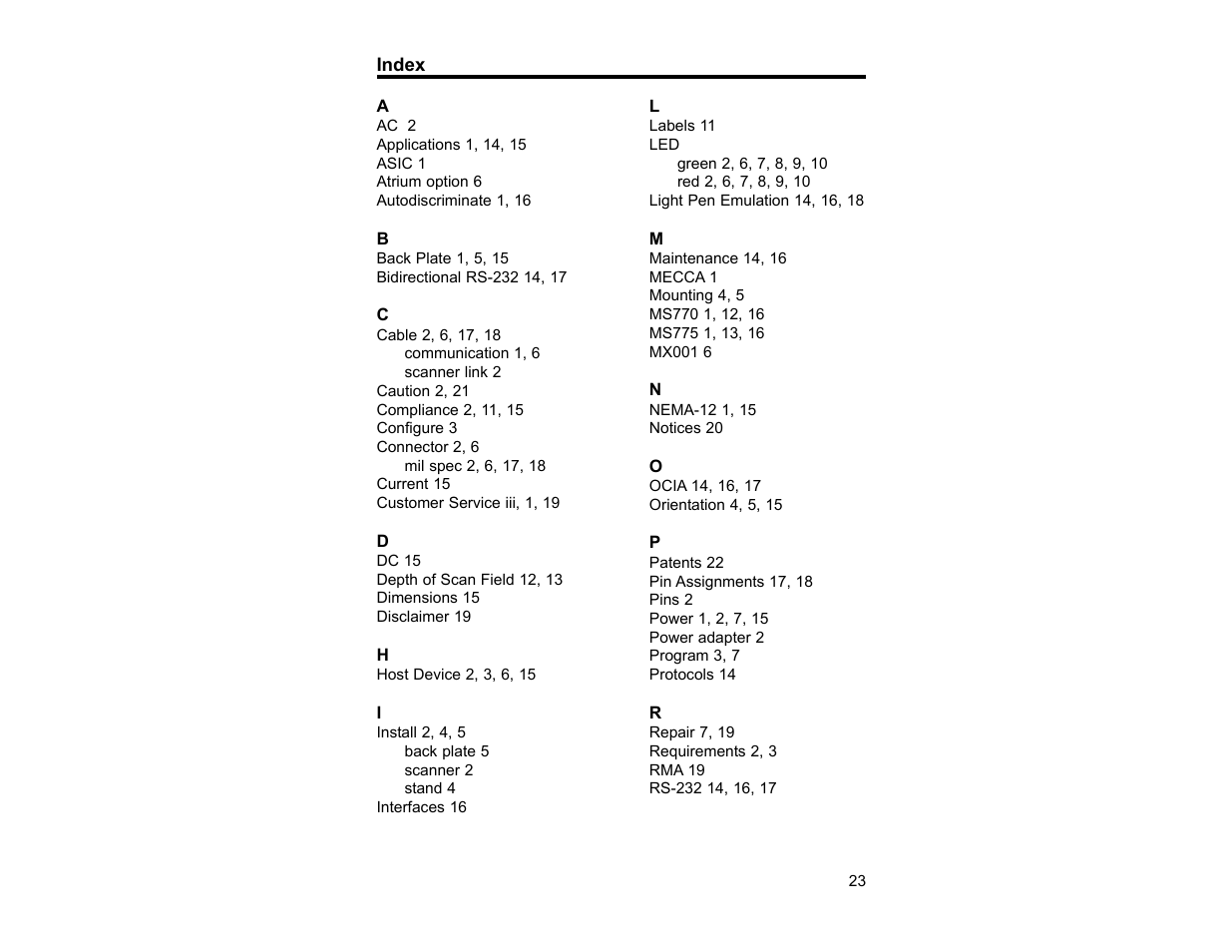 Index | Metrologic Instruments TECH 7 User Manual | Page 27 / 32
