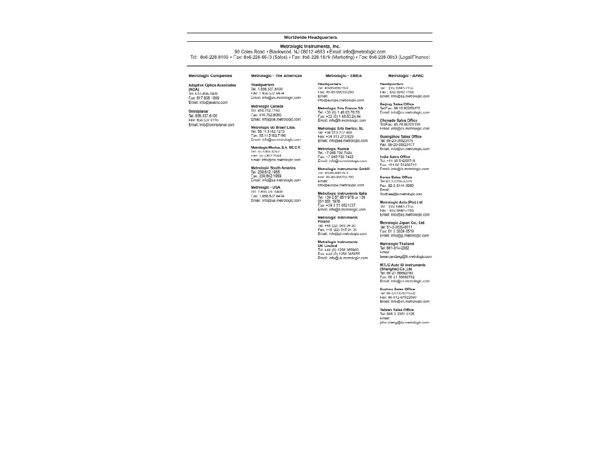 Contact information | Metrologic Instruments TECH 7 User Manual | Page 29 / 32