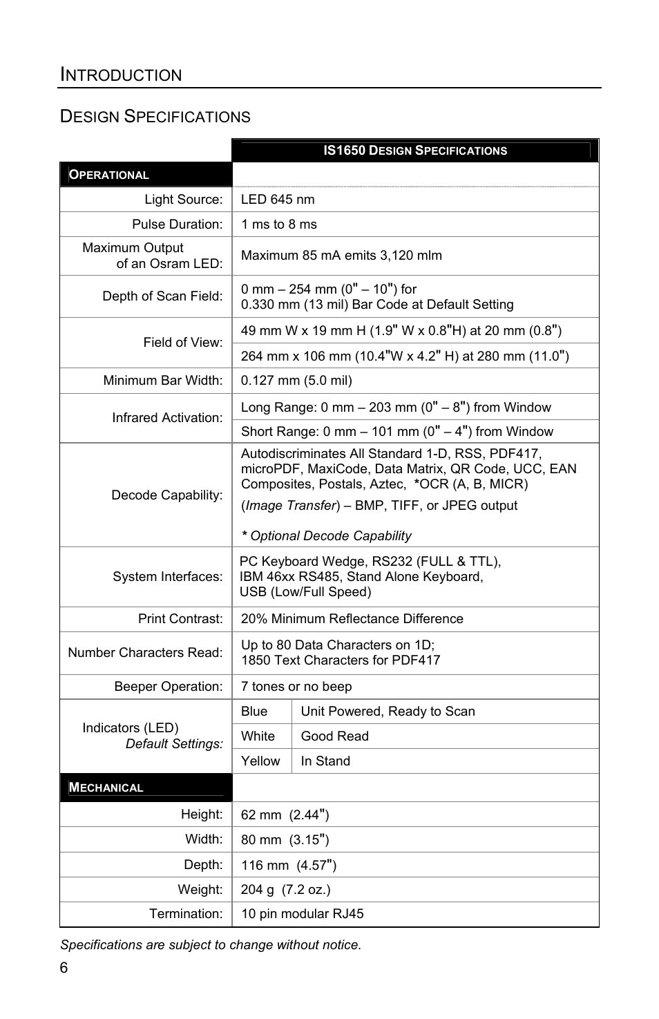 Design specifications | Metrologic Instruments FOCUSE IS1650 User Manual | Page 10 / 52