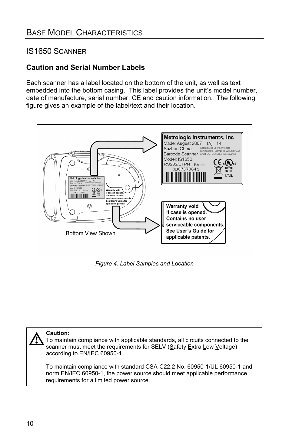 Caution and serial number labels, Caution and serial labels | Metrologic Instruments FOCUSE IS1650 User Manual | Page 14 / 52