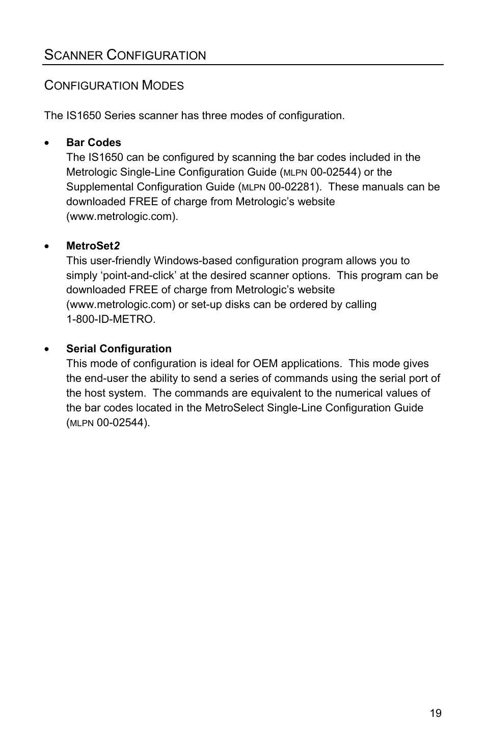 Scanner configuration, Configuration modes, Bar codes | Metroset 2, Serial configuration, Canner, Onfiguration, Metroset2 | Metrologic Instruments FOCUSE IS1650 User Manual | Page 23 / 52