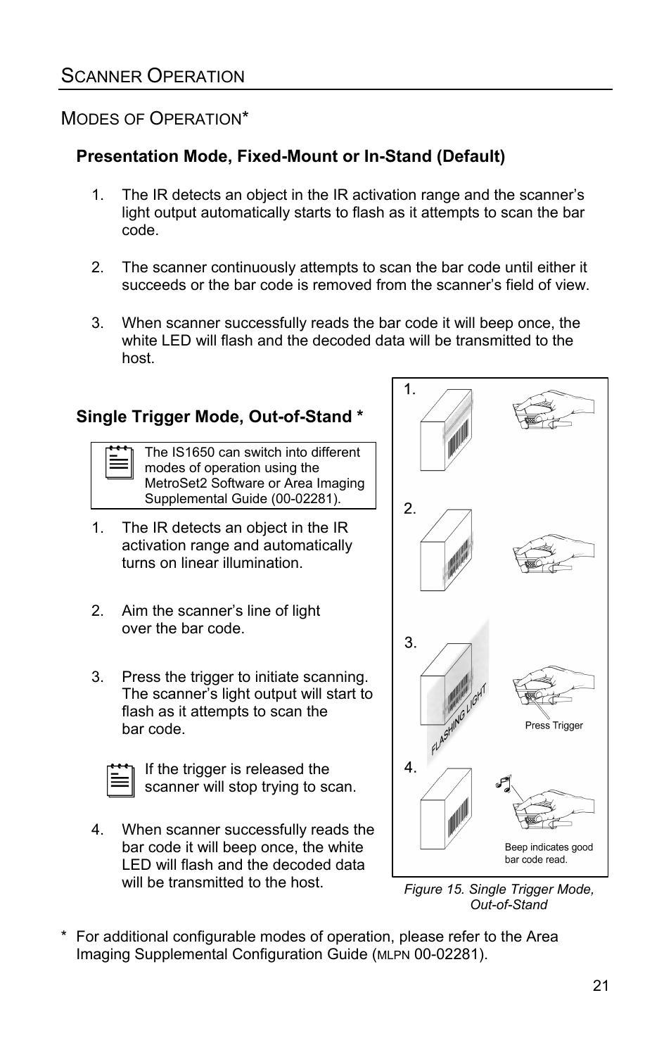 Scanner operation, Modes of operation, Canner | Peration | Metrologic Instruments FOCUSE IS1650 User Manual | Page 25 / 52