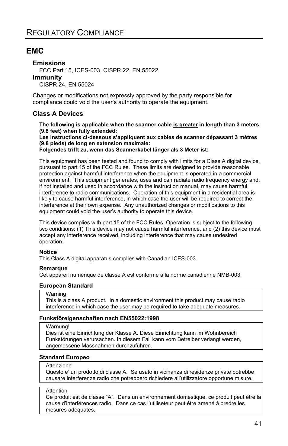 Class a devices, Egulatory, Ompliance | Metrologic Instruments FOCUSE IS1650 User Manual | Page 45 / 52