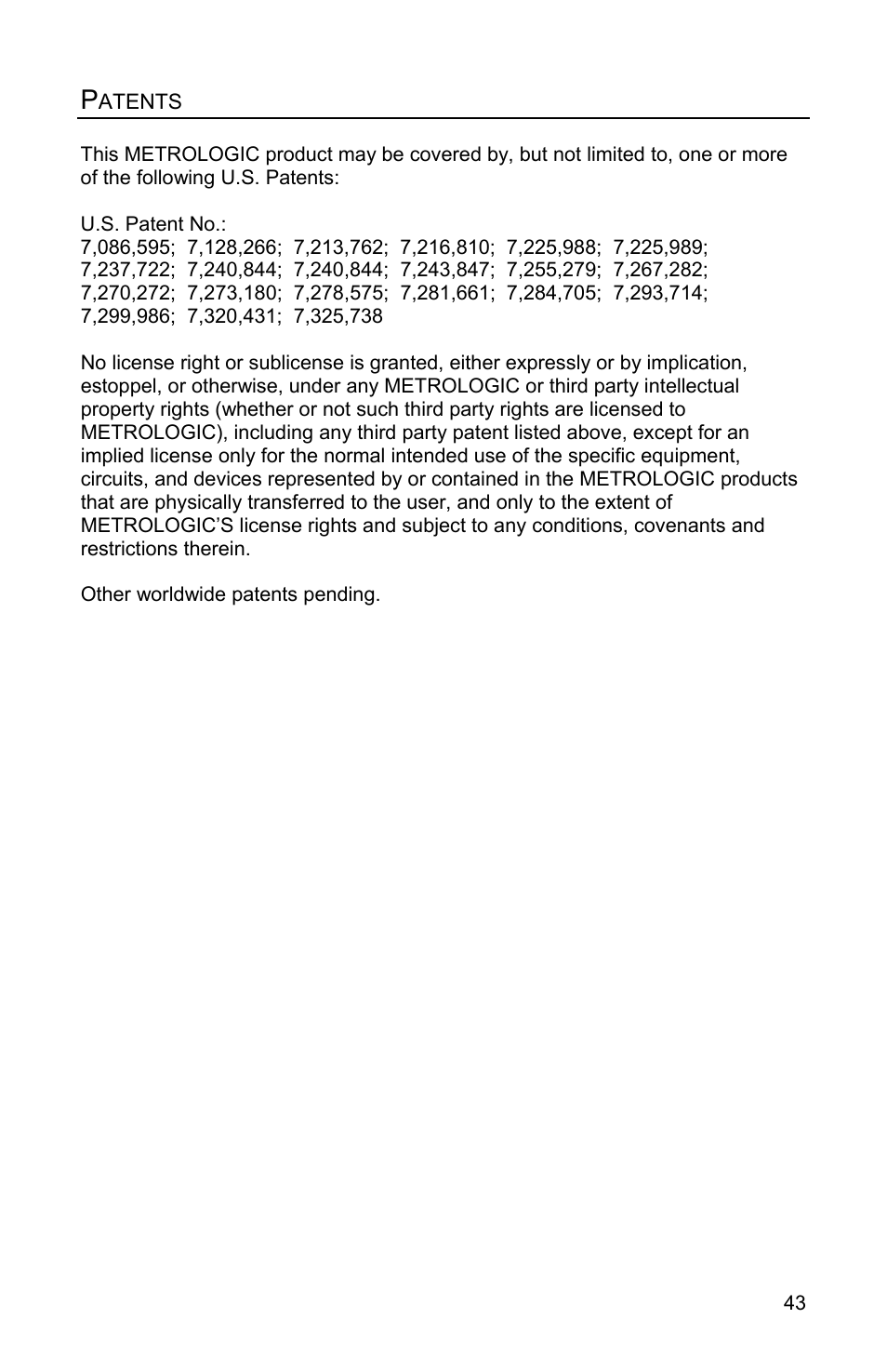 Patents, Atents | Metrologic Instruments FOCUSE IS1650 User Manual | Page 47 / 52