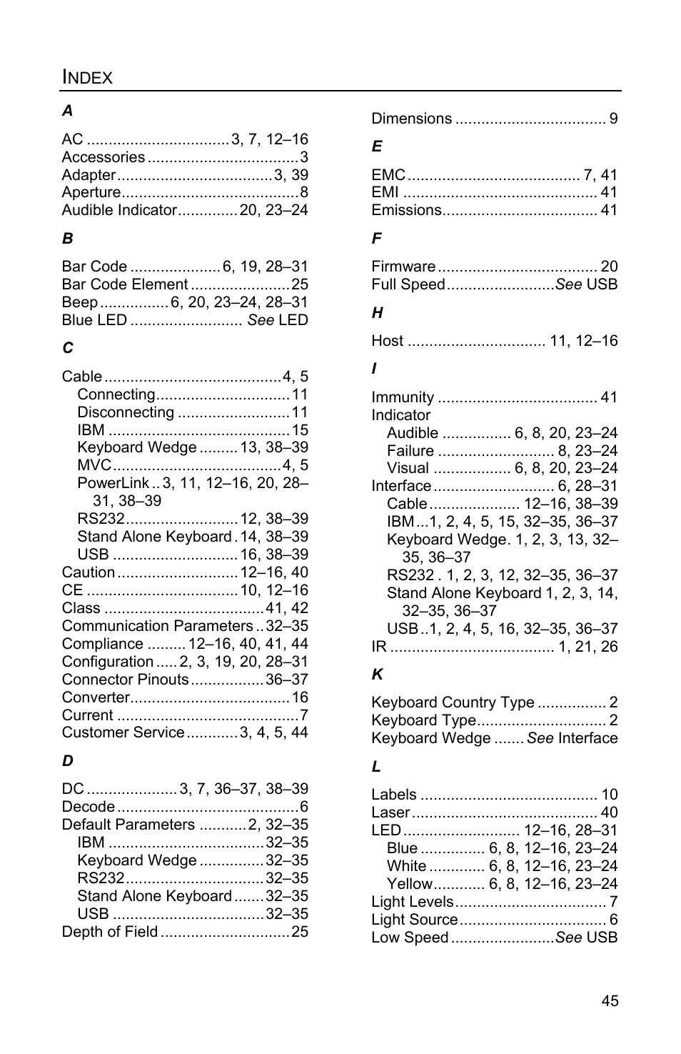 Index, Ndex | Metrologic Instruments FOCUSE IS1650 User Manual | Page 49 / 52