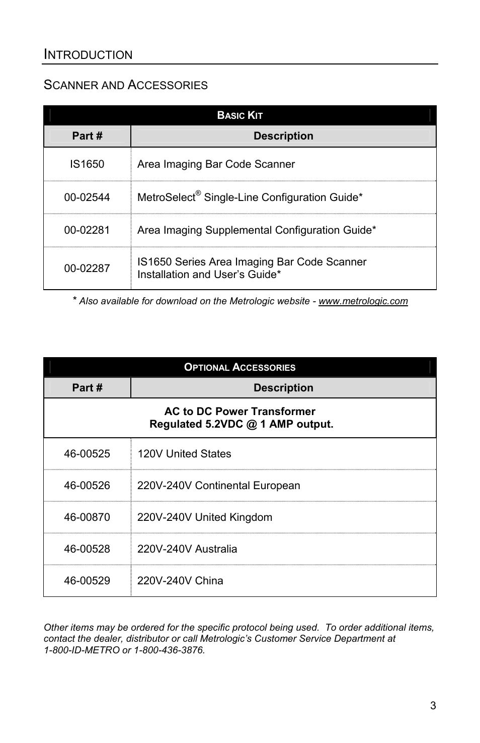 Scanner and accessories, Basic kit, Optional accessories | Metrologic Instruments FOCUSE IS1650 User Manual | Page 7 / 52