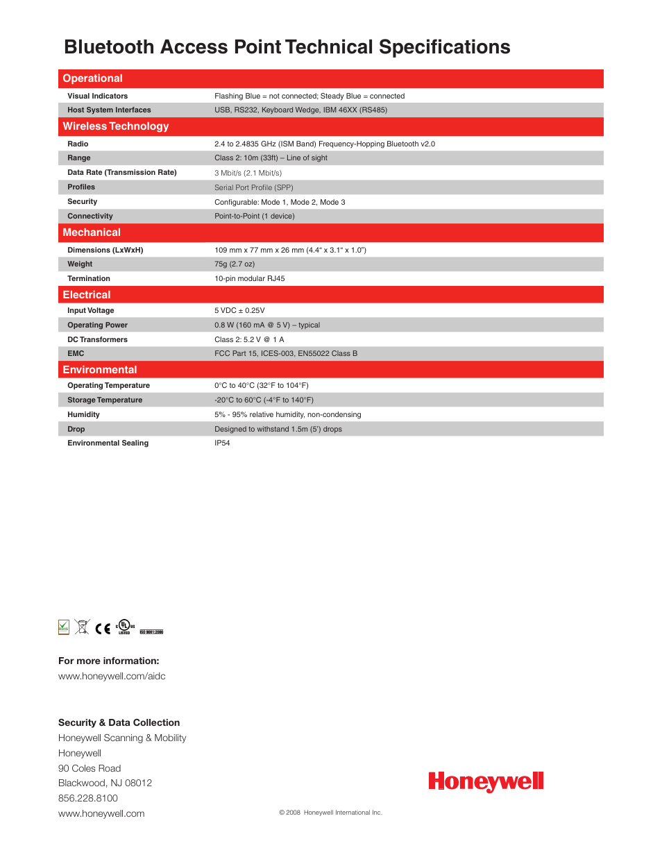 Bluetooth access point technical specifications, Operational, Wireless technology | Mechanical, Electrical, Environmental | Metrologic Instruments FocusBT MS9535 User Manual | Page 2 / 2