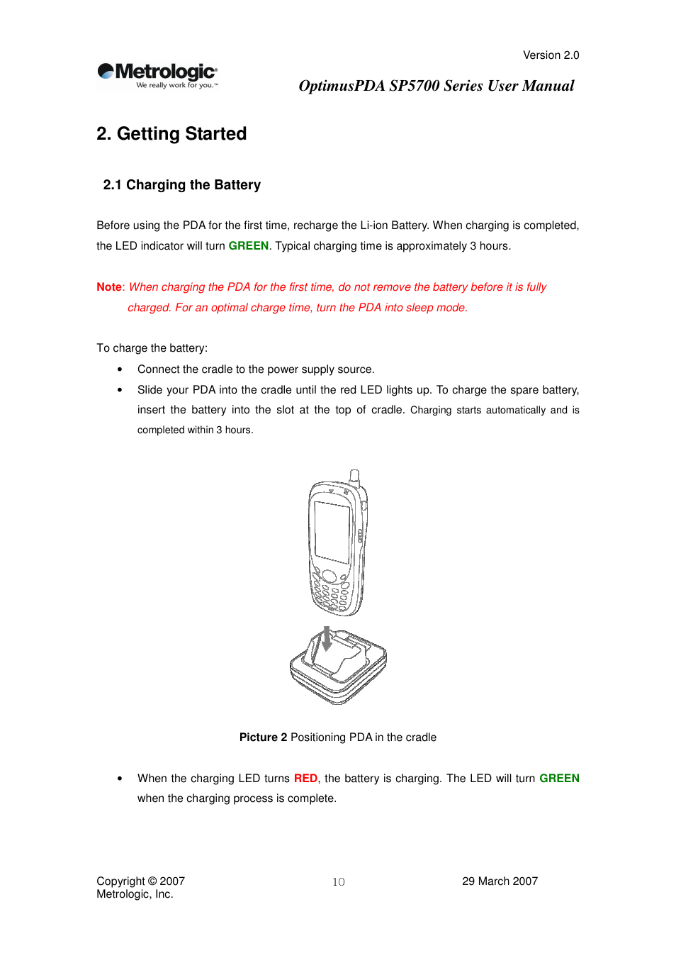 Getting started, Optimuspda sp5700 series user manual, 1 charging the battery | Metrologic Instruments SP5700 Series User Manual | Page 10 / 67