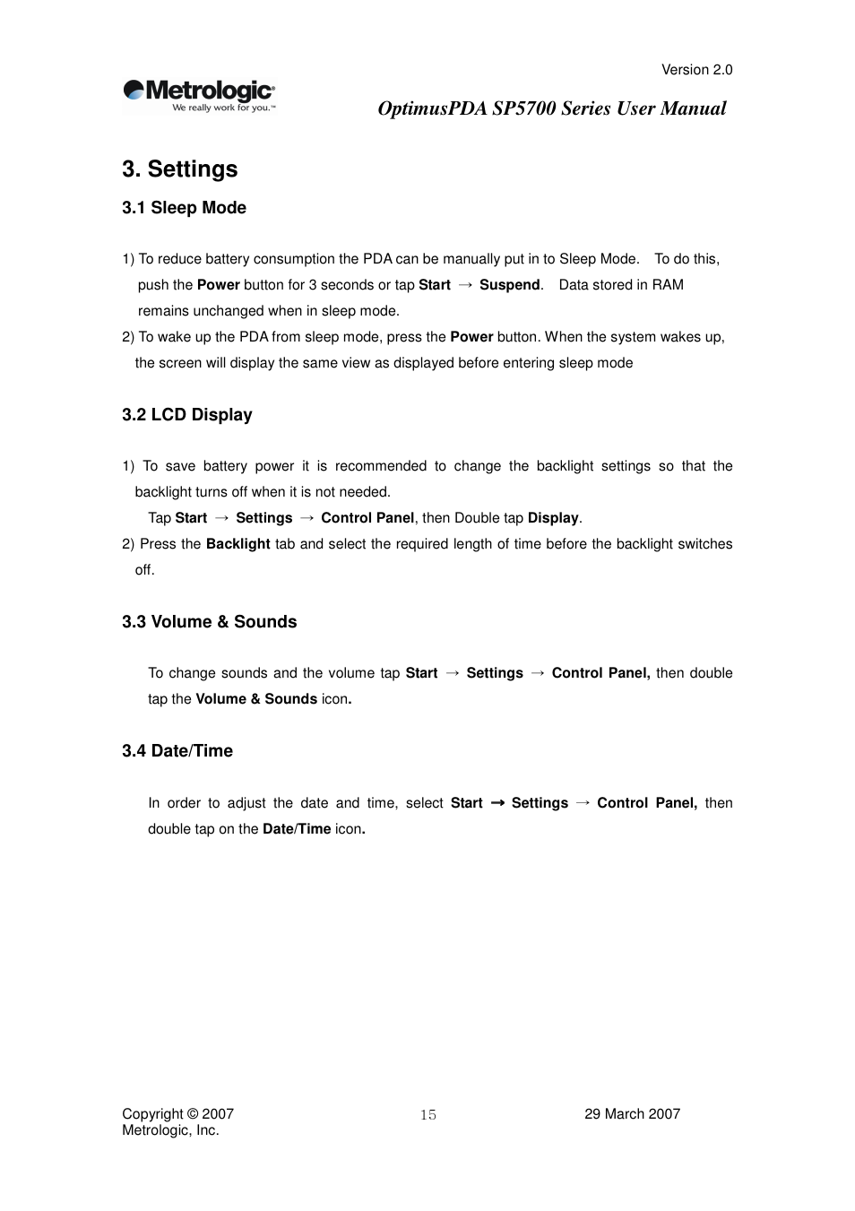 Settings, Optimuspda sp5700 series user manual | Metrologic Instruments SP5700 Series User Manual | Page 15 / 67