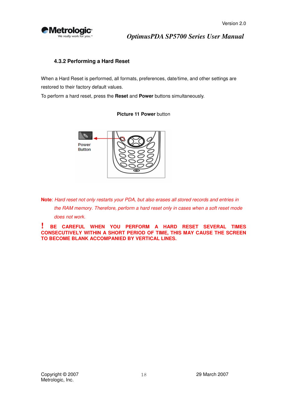 Optimuspda sp5700 series user manual | Metrologic Instruments SP5700 Series User Manual | Page 18 / 67