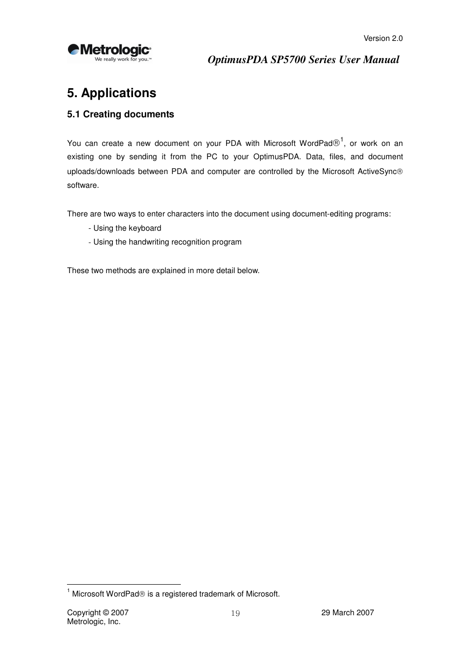 Applications, Optimuspda sp5700 series user manual | Metrologic Instruments SP5700 Series User Manual | Page 19 / 67