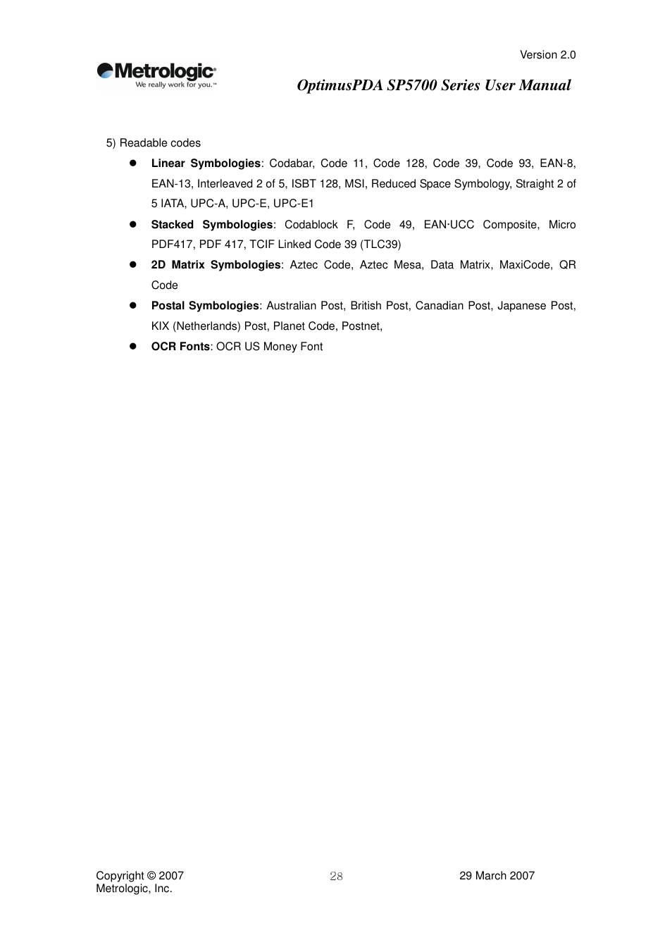 Optimuspda sp5700 series user manual | Metrologic Instruments SP5700 Series User Manual | Page 28 / 67