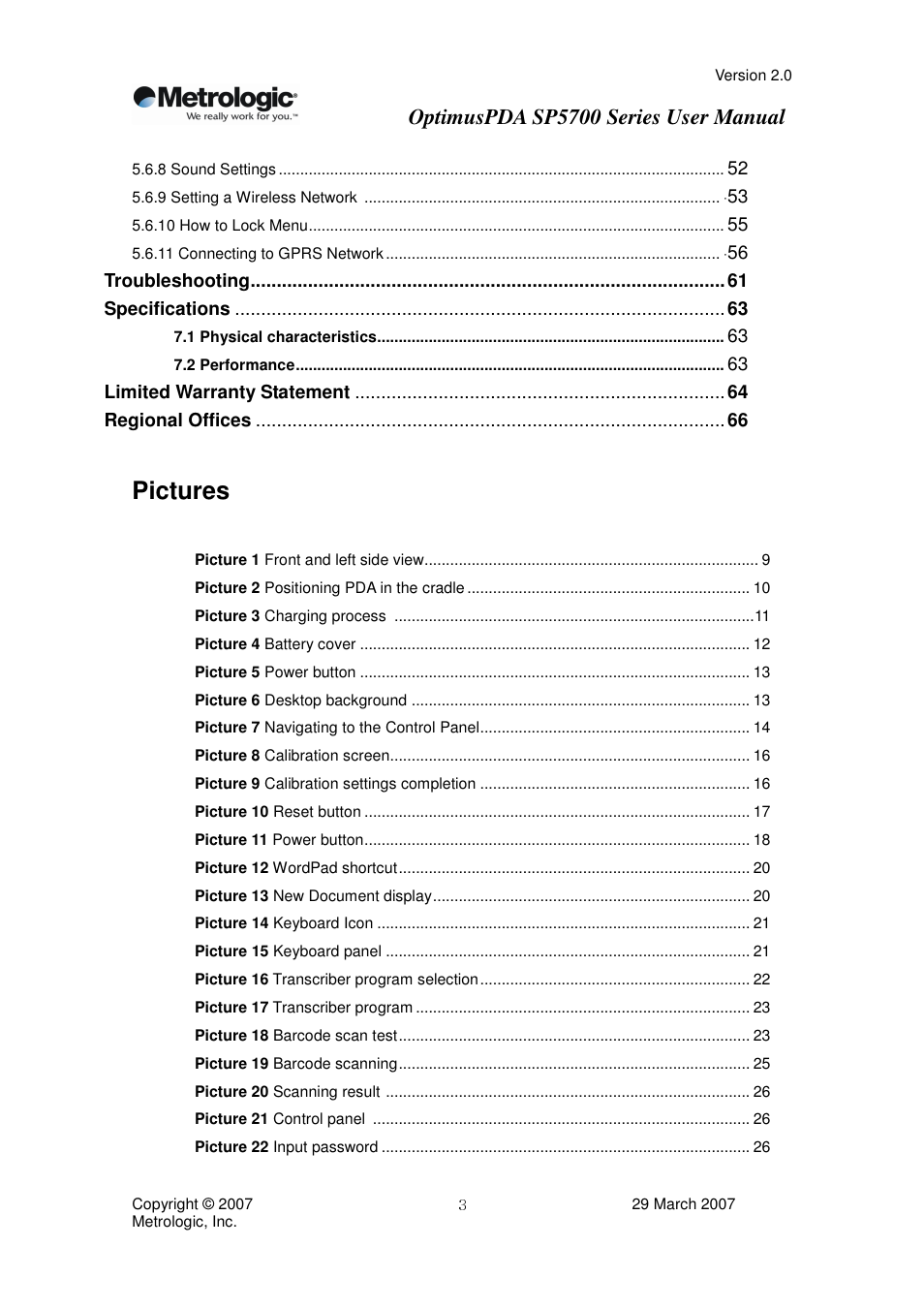 Pictures, Optimuspda sp5700 series user manual, Troubleshooting specifications | Limited warranty statement regional offices | Metrologic Instruments SP5700 Series User Manual | Page 3 / 67