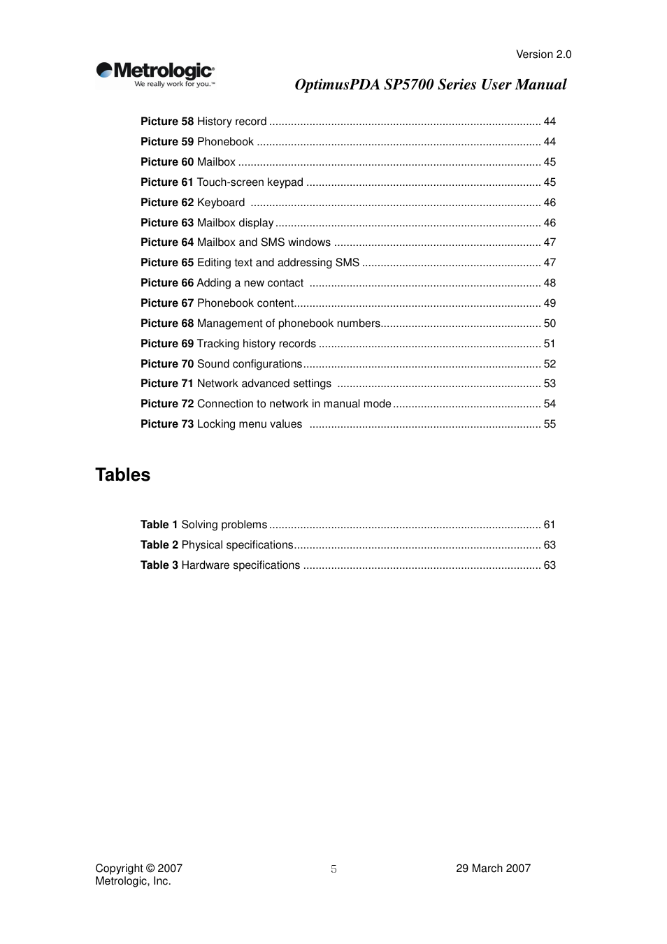 Tables, Optimuspda sp5700 series user manual | Metrologic Instruments SP5700 Series User Manual | Page 5 / 67