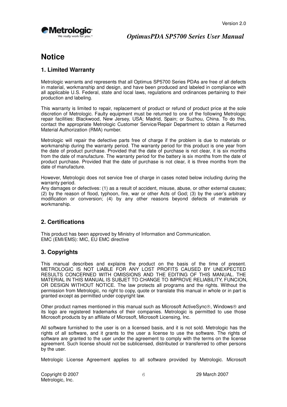 Notice, Optimuspda sp5700 series user manual | Metrologic Instruments SP5700 Series User Manual | Page 6 / 67