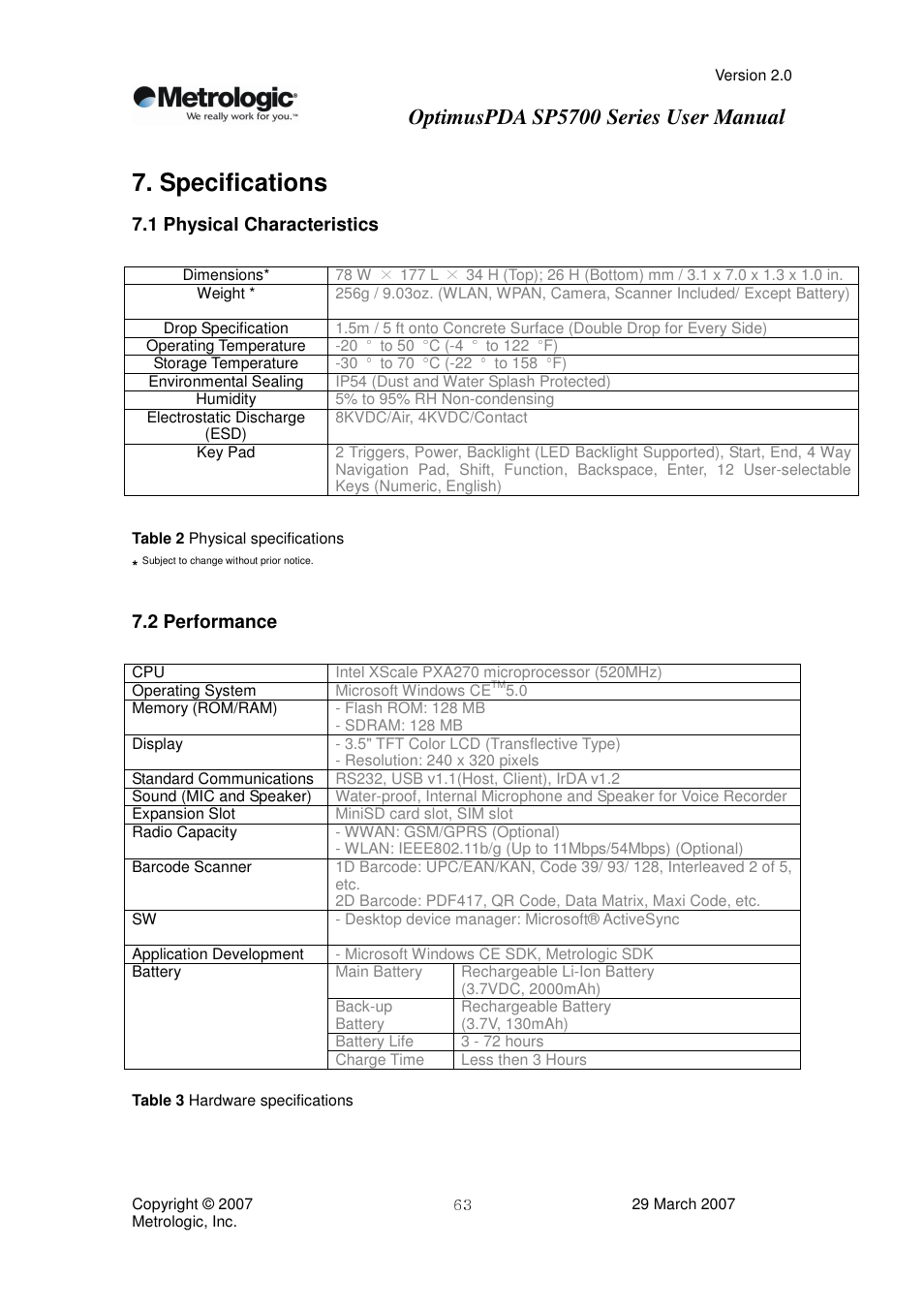 Specifications, Optimuspda sp5700 series user manual, 1 physical characteristics | 2 performance | Metrologic Instruments SP5700 Series User Manual | Page 63 / 67