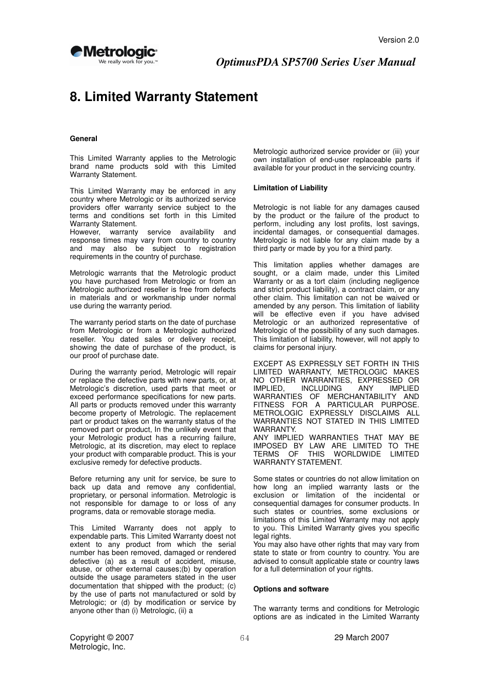 Limited warranty statement, Optimuspda sp5700 series user manual | Metrologic Instruments SP5700 Series User Manual | Page 64 / 67